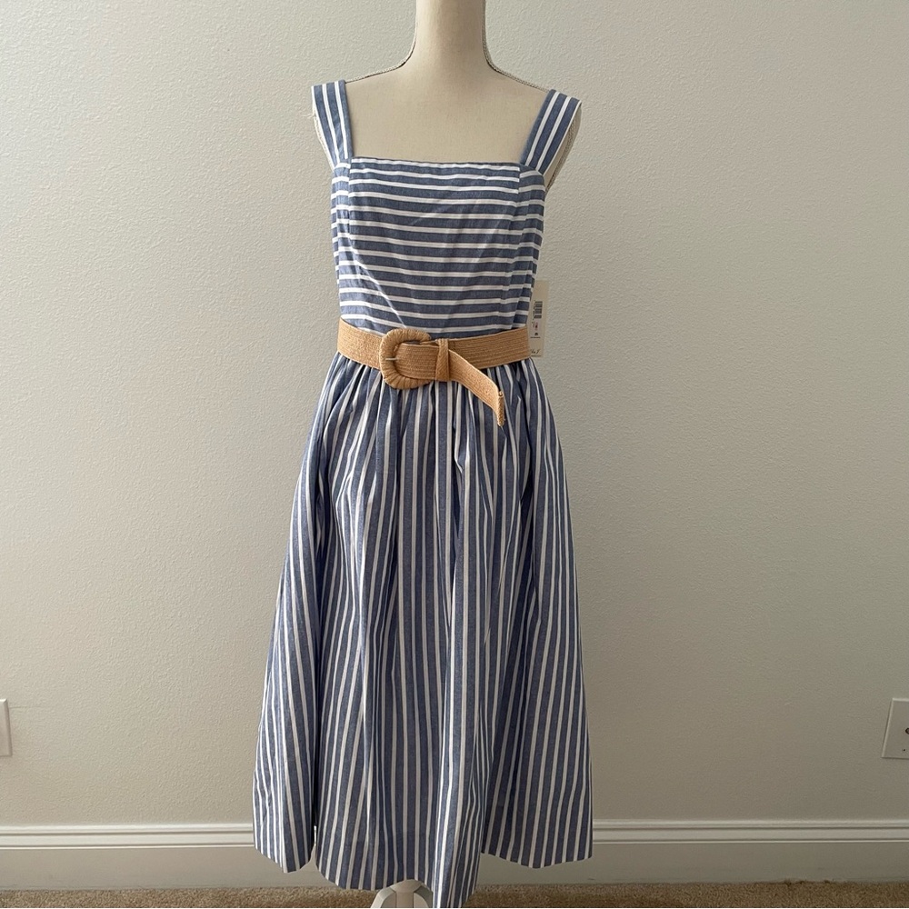 Eliza J Blue and White Striped Midi Dress with Tan Belt